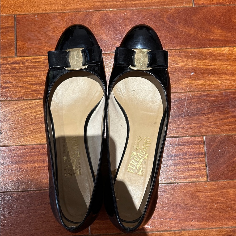 Ferragamo Vara Black Patent Leather Block Heel Pumps